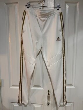 adidas White Joggers with Gold Side Stripes and Logo